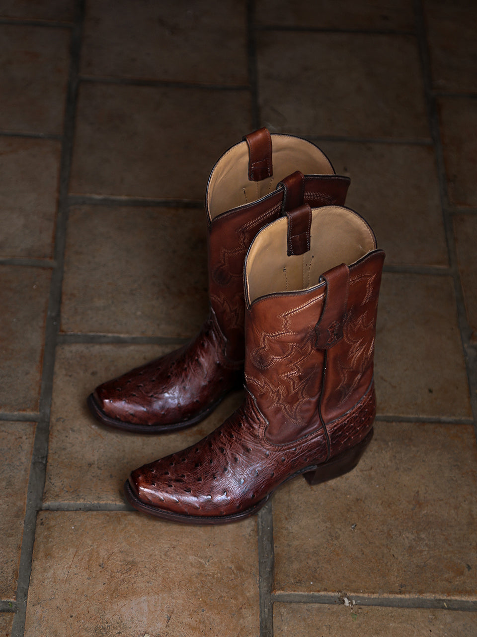 A4548 - MEN'S EMBROIDERY AND  OSTRICH BROWN NARROW SQUARE TOE COWBOY BOOT