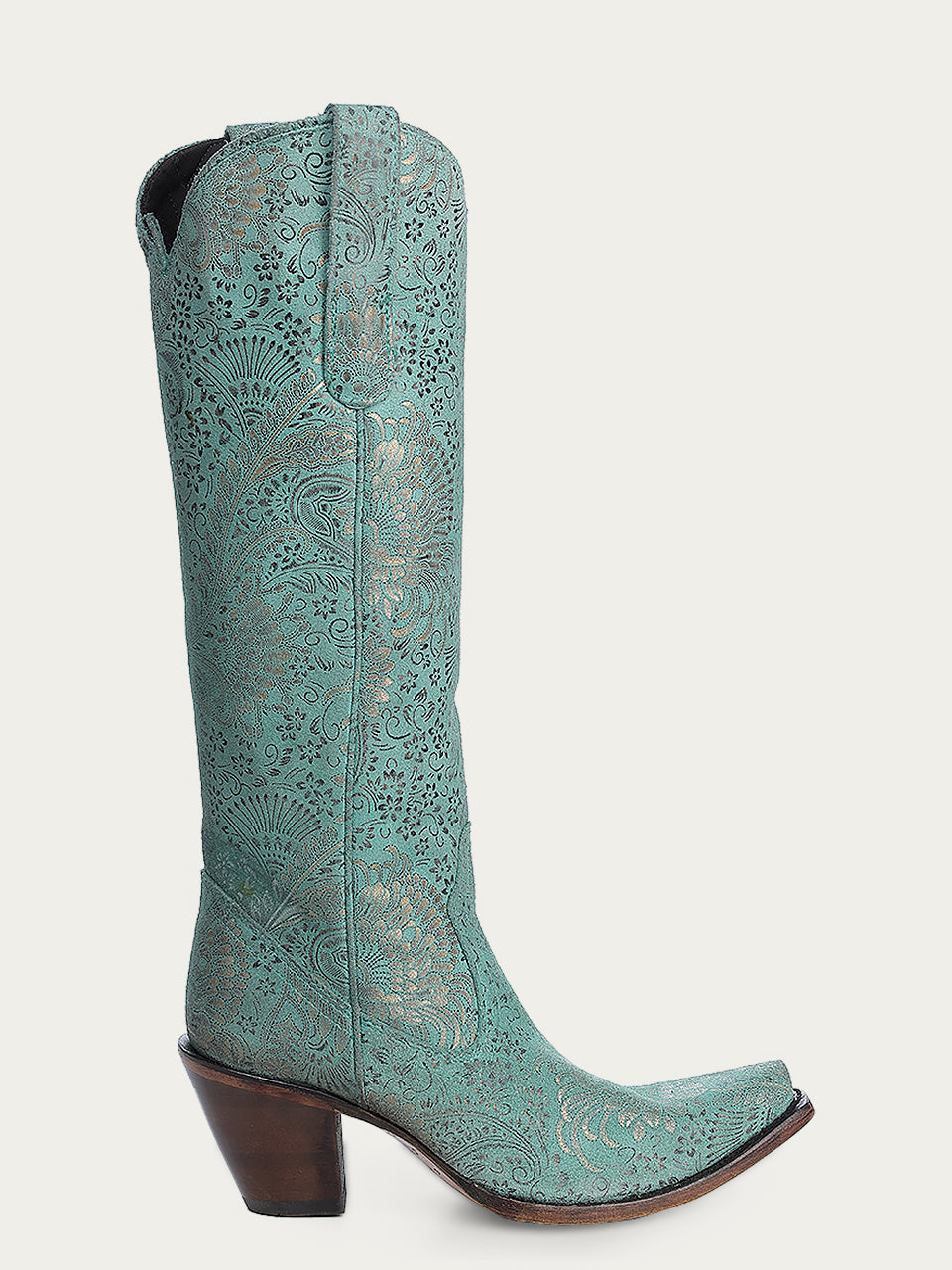 WOMENS GOLD STAMPED FLORAL TURQOUISE SNIP TOE COWBOY BOOT-A4587-a