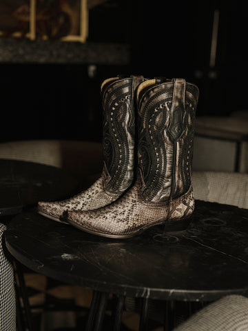 A4735 - MEN'S NATURAL PYTHON OVERLAY, EMBROIDERY AND WOVEN DETAIL