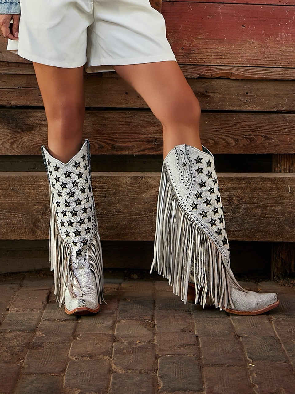 C4155 - WOMEN'S LUMINESCENT EMBROIDERY AND STARS WITH LAMB FRINGE WHITE SNIP TOE COWBOY BOOT