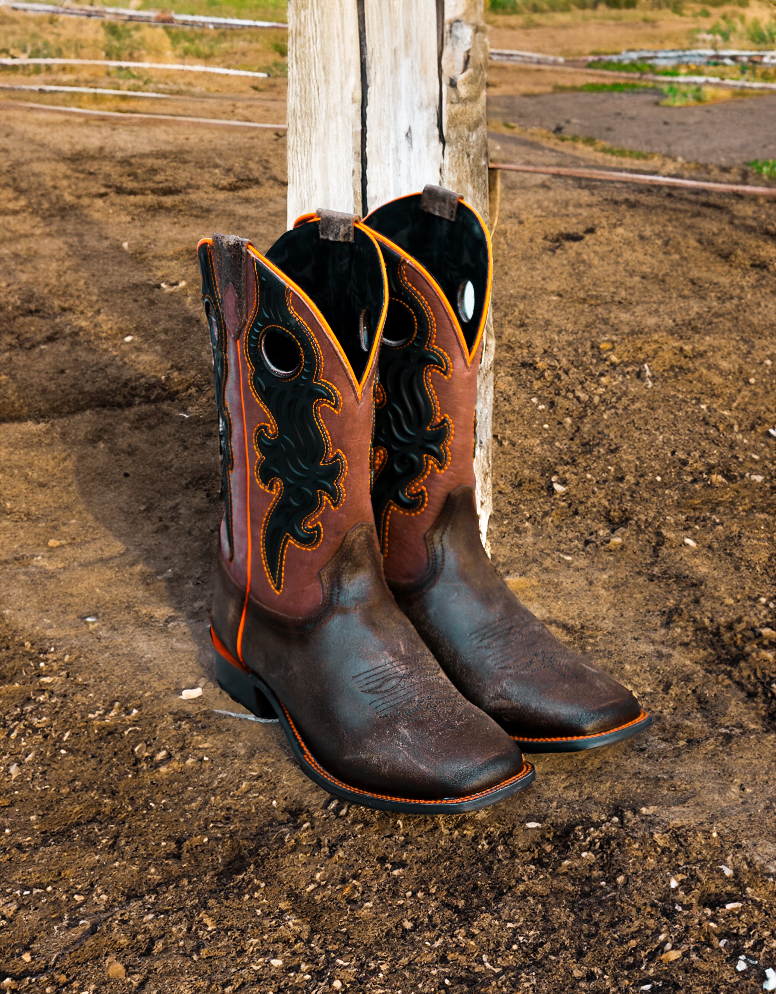 C4199 - MEN'S ORANGE EMBROIDERY BLACK RUBBER APPLICATION OVERLAY BROWN SQUARE TOE COWBOY BOOT WITH PULL HOLES