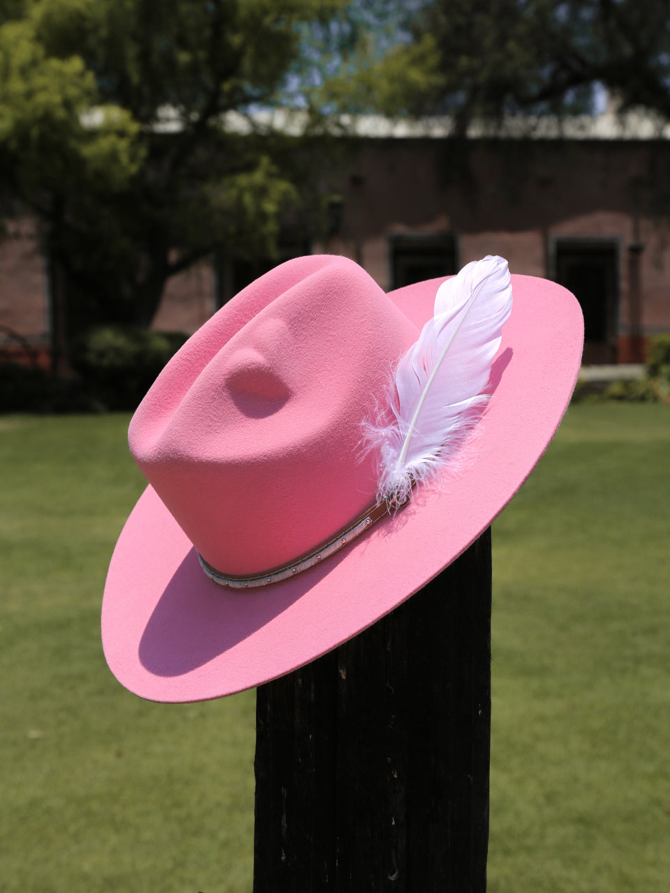 H0007 - PINK COWGIRL HAT WITH HATBAND AND WHITE FEATHER