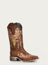 A3708 -  Corral Boots - Ladies tan deer skull overlay & floral embroidery square toe side view