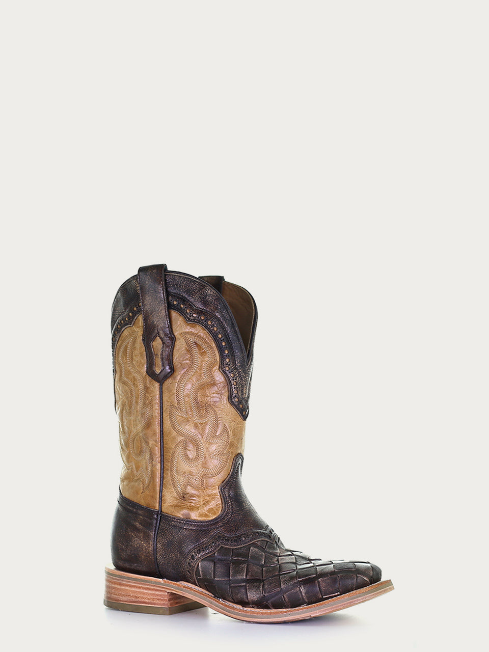 MENS EMBROIDERY BROWN WOVEN WIDE SQUARE TOE HONEY COWBOY BOOT-A4117