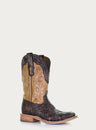 MENS EMBROIDERY BROWN WOVEN WIDE SQUARE TOE HONEY COWBOY BOOT-A4117