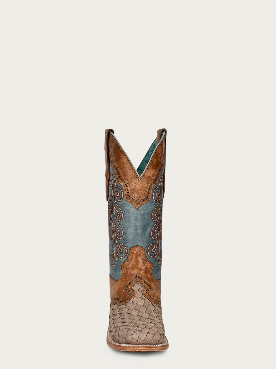 Brown with blue cowboy boots sq toe side view