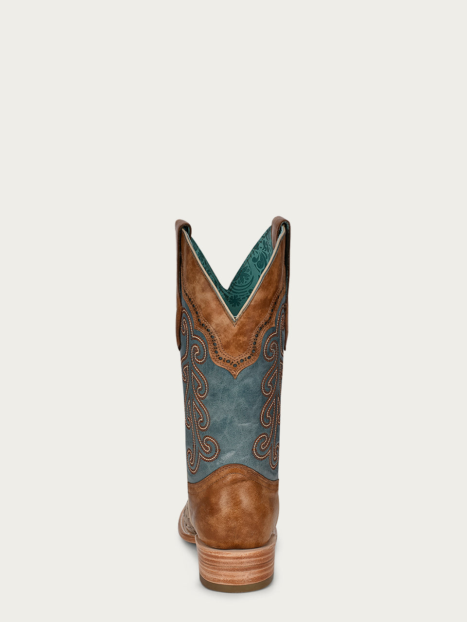 Brown with blue cowboy boots sq toe back view